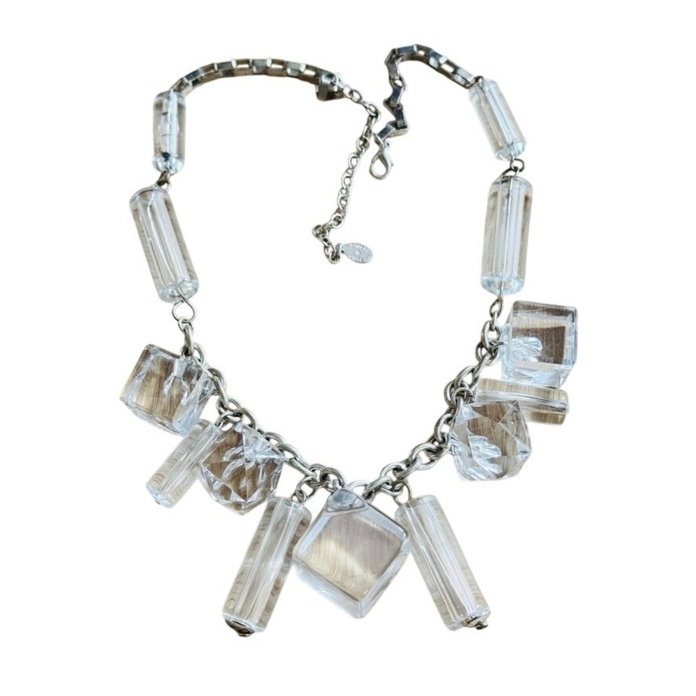 Robert Rose Clear Lucite Necklace Collar Bib Silver Statement Beaded Chunky 20"